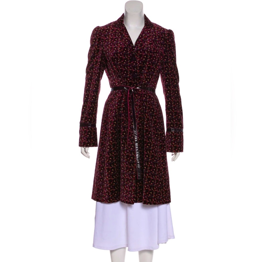 ALBERTA FERRETTI Unique Patent Leather-Trimmed Burgundy Plum Velvet Coat Size: M
